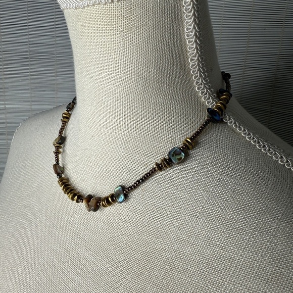 Silpada Necklace Abalone Shell Brass Beads Sterling Clasp Adjustable Boho - Picture 2 of 5